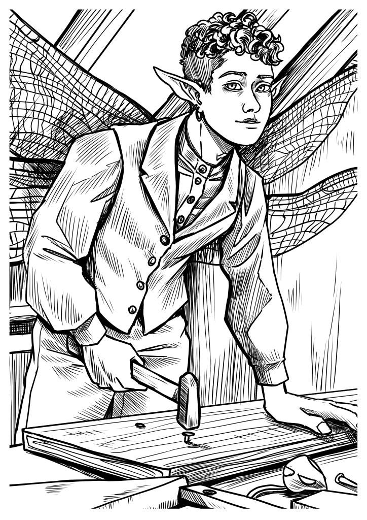 Aspen Sage, a dragonfly faerie with cropped curly hair in a vest and button up shirt, hammers a nail into a plank of wood inside of a ship.