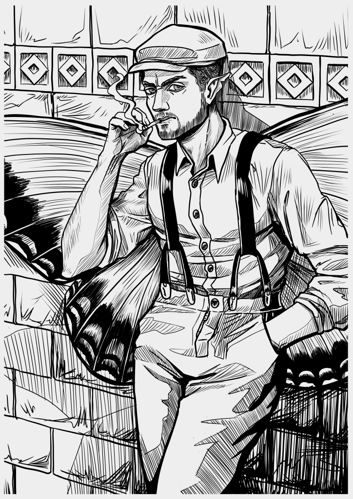 Black and white image of Basil Faraday leaning against a brick wall with diamond filigree at the top. He wears a flatcap, suspenders, and sports wide butterfly wings that fade to black at the edges.
